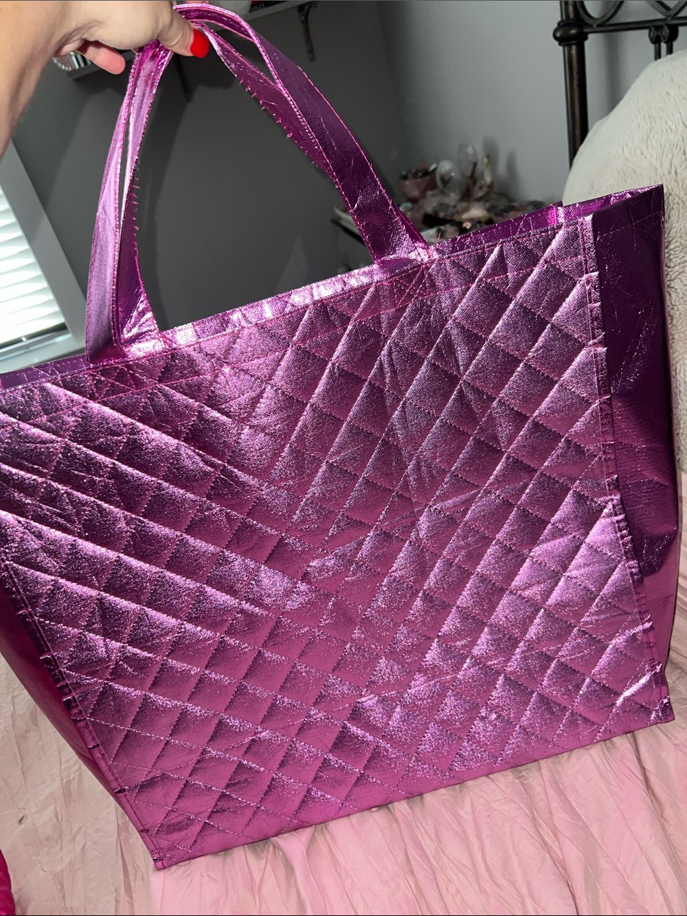 2 Quilted Pink Tote Bag - Lightweight Women's Handbag - Picture 3 of 4